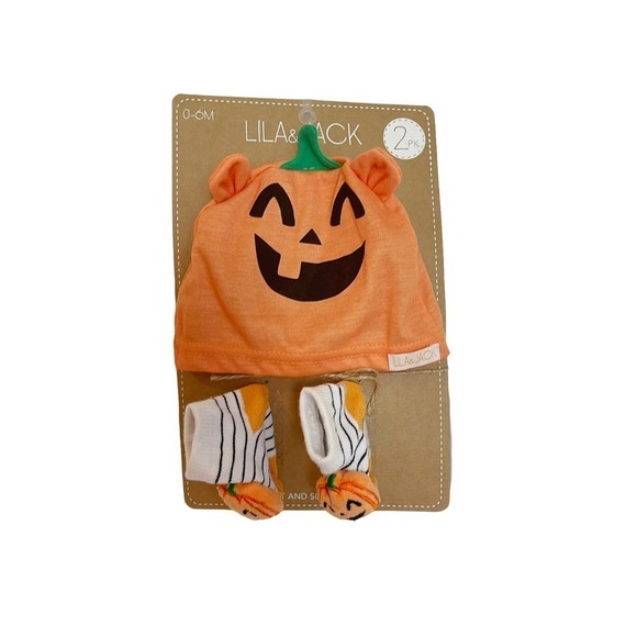 New Lila And Jack Halloween Pumpkin Socks And Hat Baby Costume & Head Band Set - Picture 4 of 9
